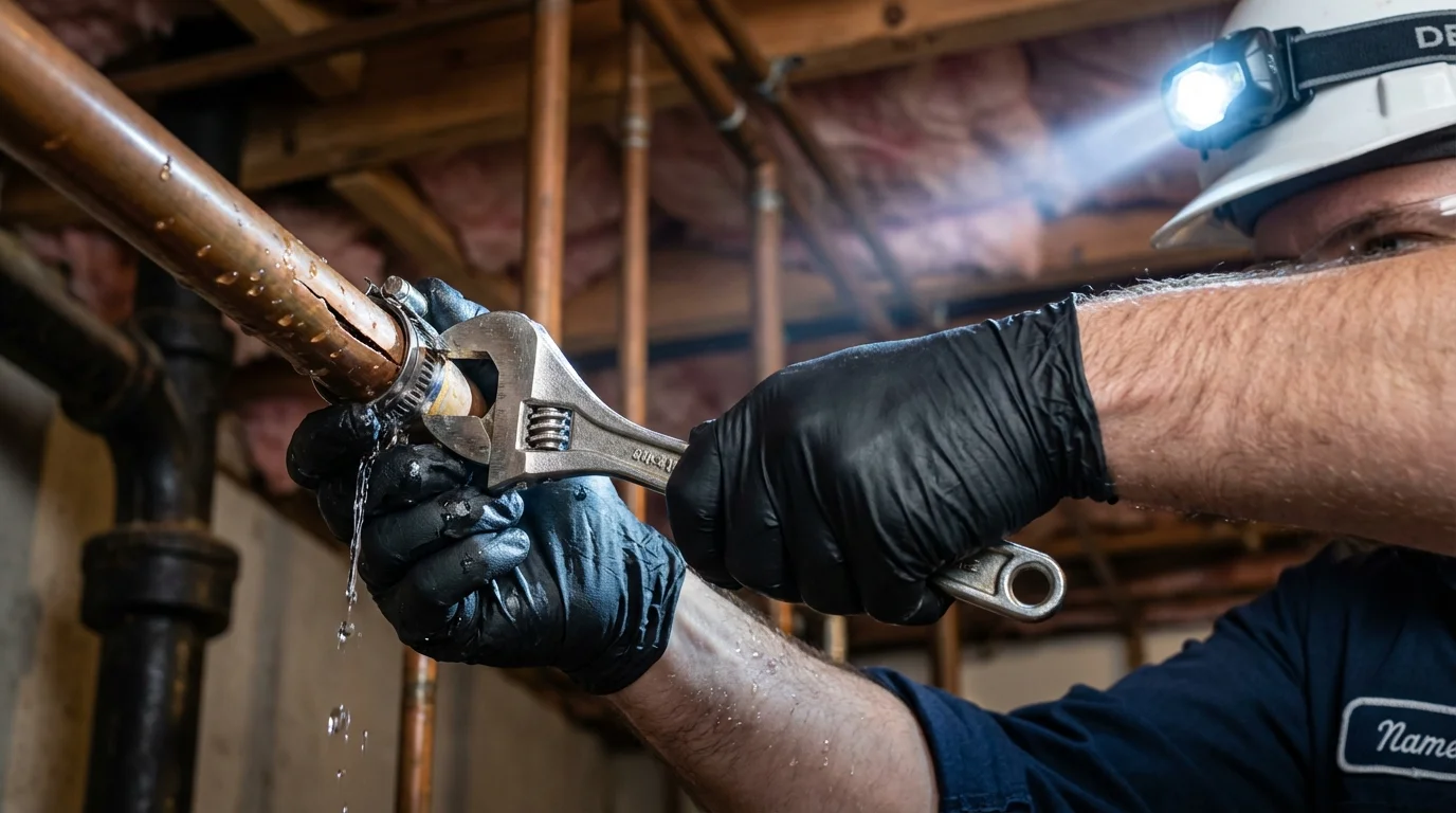 Emergency pipe clamp repair being performed by a Johns Plumbing LLC plumber in Boonville