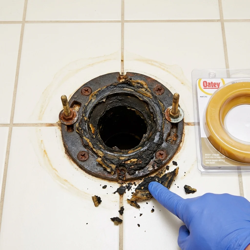 Failed wax ring showing water seepage at the base of a toilet in a Boonville, CA home