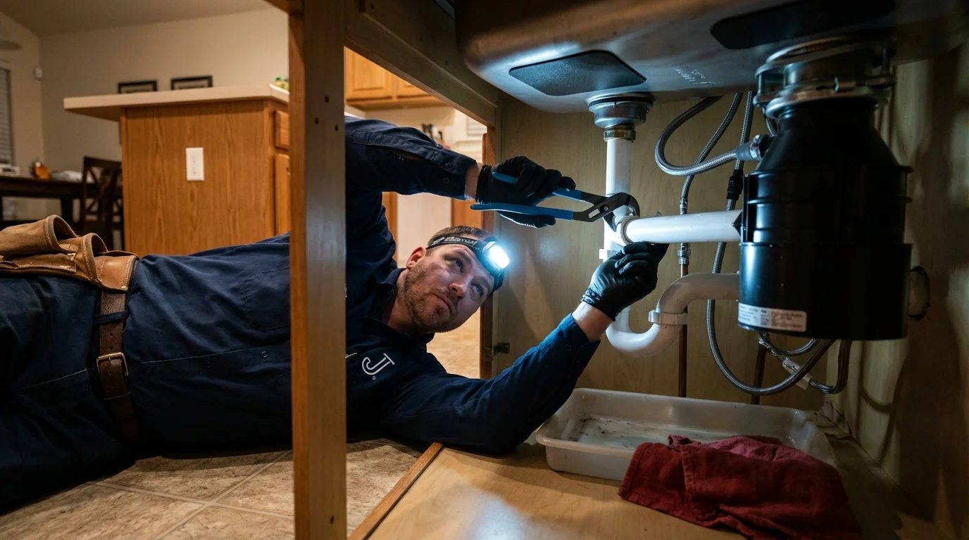 P-trap and supply line connections under a kitchen sink showing a common leak point in Boonville, CA